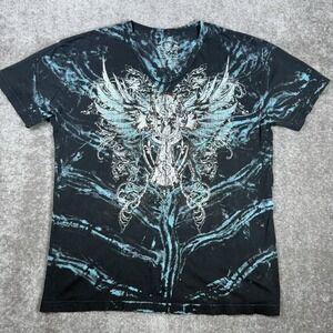 PX‎ T-Shirt Men's XL Black Custom Rags Vintage Wash Short Sleeve Wings Tattoo